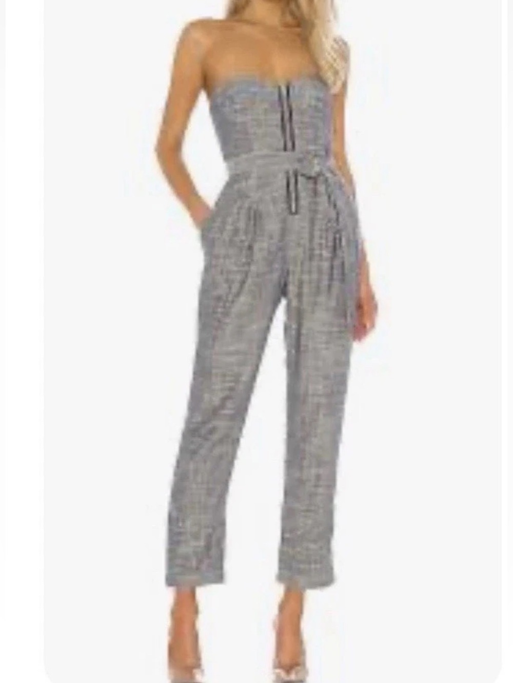 L'Academie Estelle Jumpsuit Dusty Blue XL Textured Cotton Strapless Front Zip